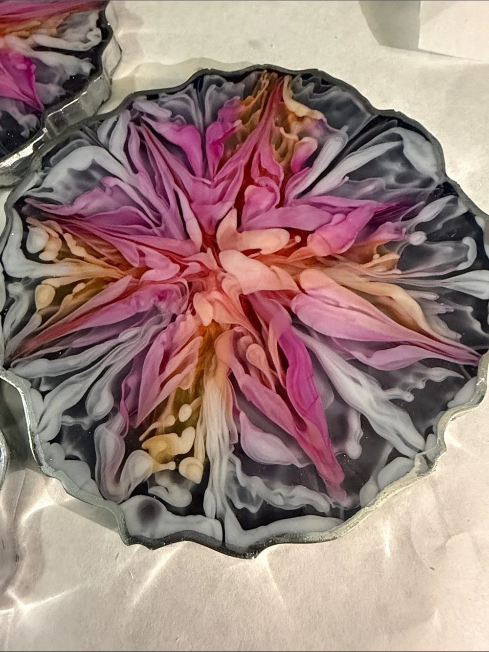 Hand-Poured Floral Resin Coasters - Pink & Gray